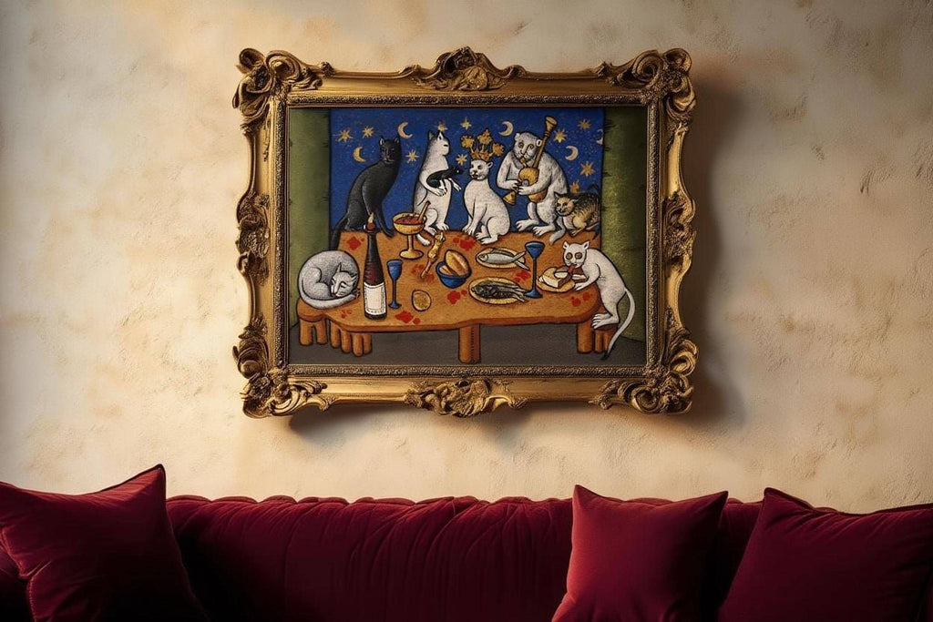 a painting of cats sitting around a table with food, displayed on a wall above a red couch.