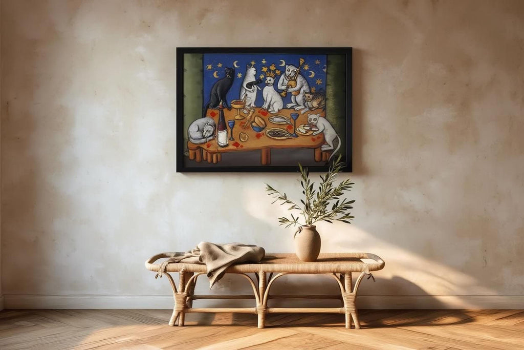 a painting of cats sitting around a table with food, hanging on a wall above a wooden bench with a plant on it.
