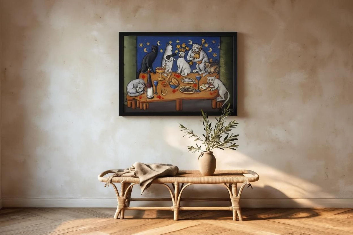 a painting of cats sitting around a table with food, hanging on a wall above a wooden bench with a plant on it.