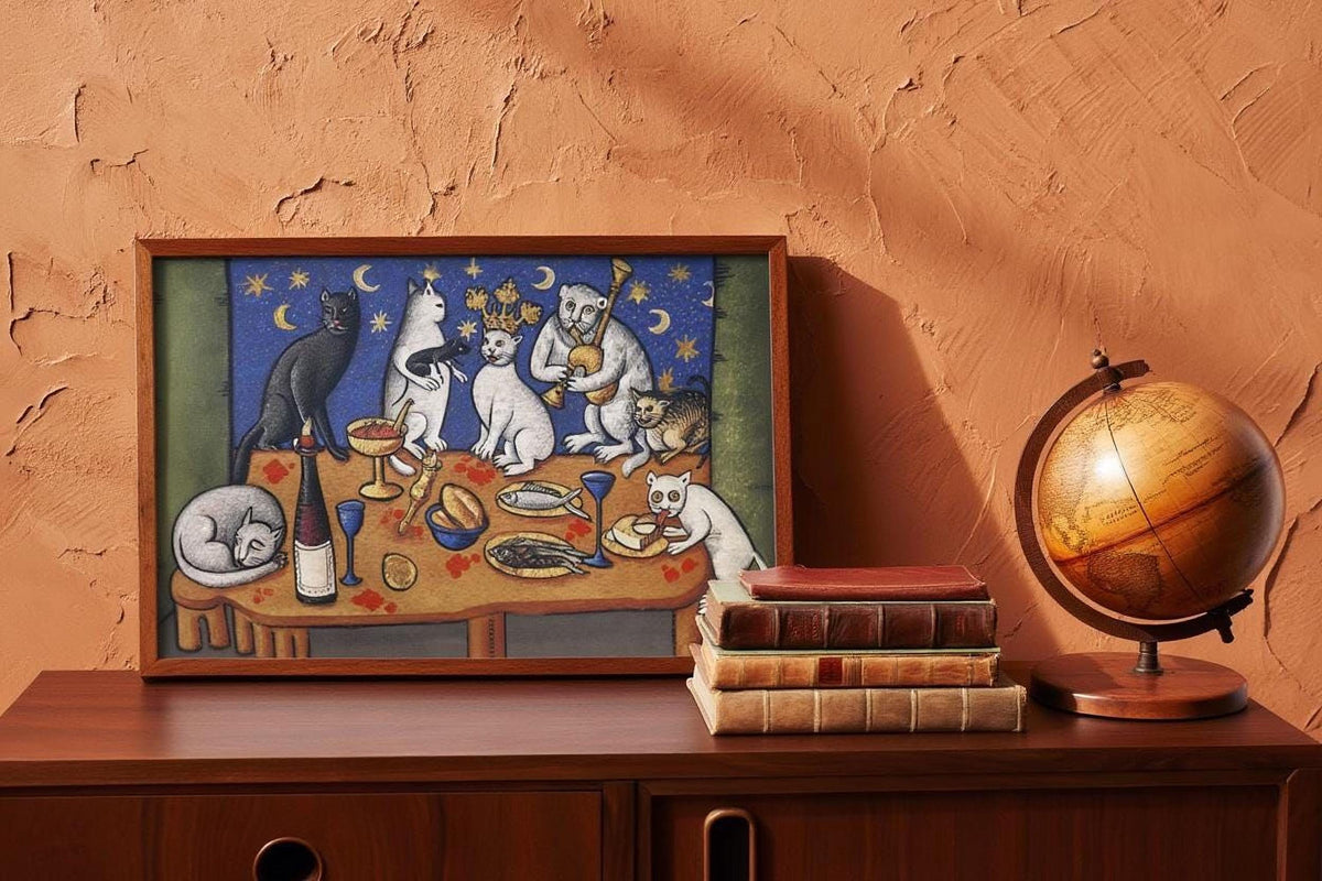 a painting of cats sitting around a table with food, including a wine glass, a bowl, and a cake, against a night sky background. The painting is framed and placed on a wooden surface, with a stack of books and a globe to the right.
