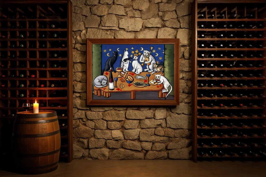 a painting of cats sitting around a table with food, displayed on a stone wall in a wine cellar.