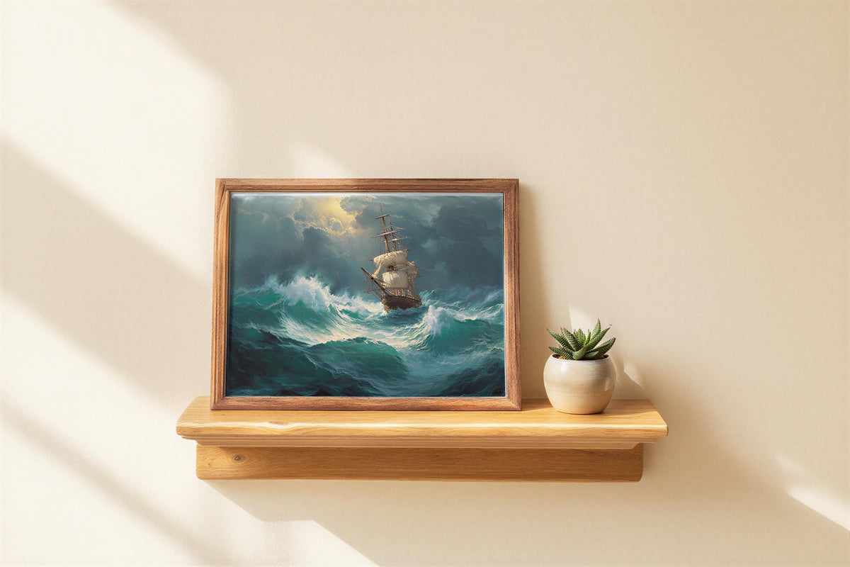 Stormy Sea Ship Painting, Dramatic Nautical Print, Vintage Maritime Adventure Poster, Wild Ocean Wave Canvas, Classic Tall Ship Wall Decor