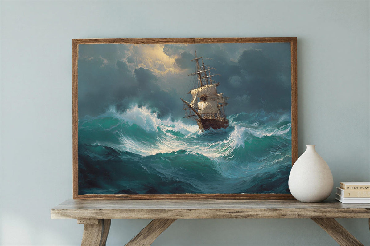 Stormy Sea Ship Painting, Dramatic Nautical Print, Vintage Maritime Adventure Poster, Wild Ocean Wave Canvas, Classic Tall Ship Wall Decor