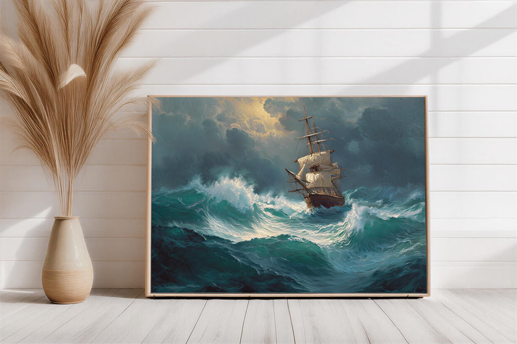 Stormy Sea Ship Painting, Dramatic Nautical Print, Vintage Maritime Adventure Poster, Wild Ocean Wave Canvas, Classic Tall Ship Wall Decor
