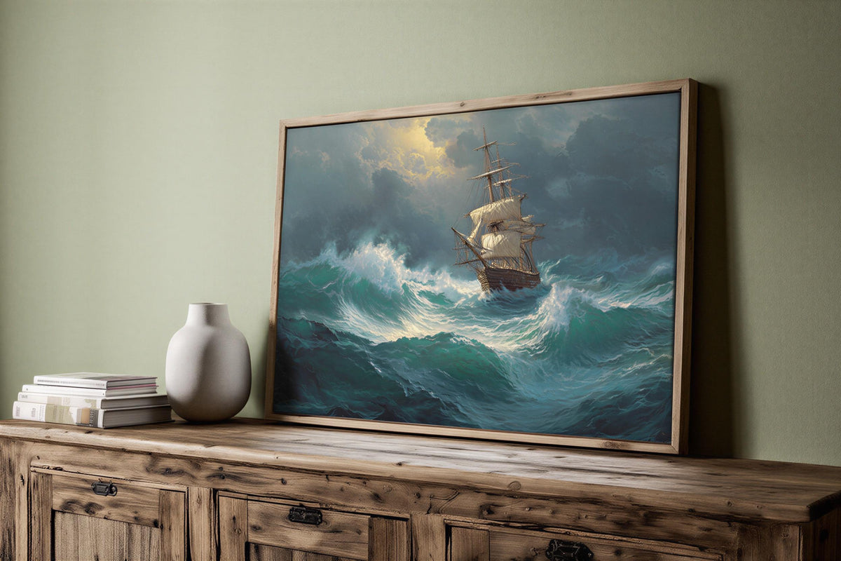 Stormy Sea Ship Painting, Dramatic Nautical Print, Vintage Maritime Adventure Poster, Wild Ocean Wave Canvas, Classic Tall Ship Wall Decor