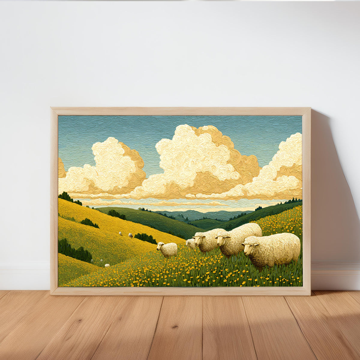 Framed Sheep Landscape Wall Art leaning on floor, wooden frame, rolling green hills and clouds