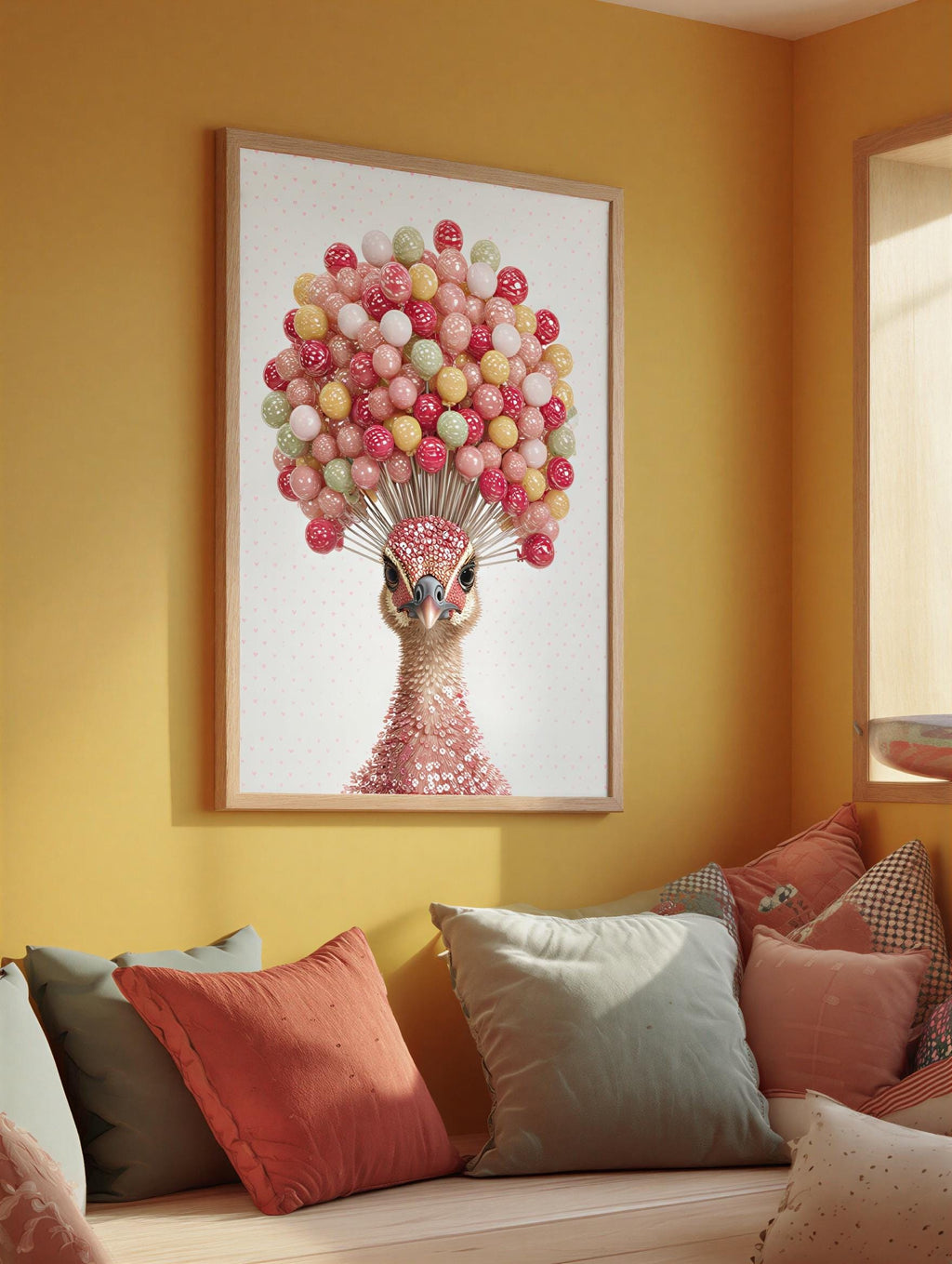 Preppy Peacock Art - Coquette Poster Print, Candy Lollipop Bird Wall Decor, Pink Dorm Room Gift, Physical Print Teenage Girl Bedroom Art