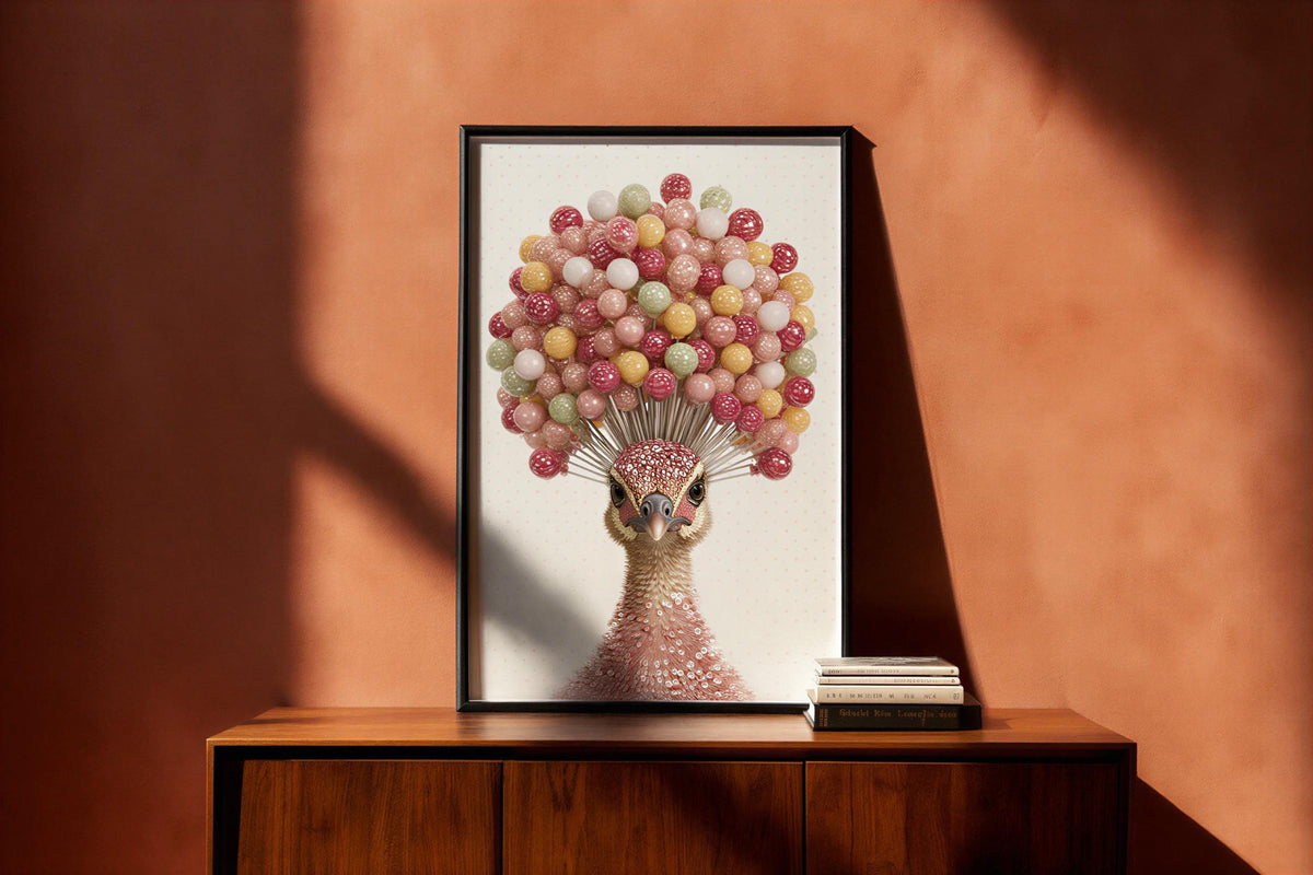 Preppy Peacock Art - Coquette Poster Print, Candy Lollipop Bird Wall Decor, Pink Dorm Room Gift, Physical Print Teenage Girl Bedroom Art