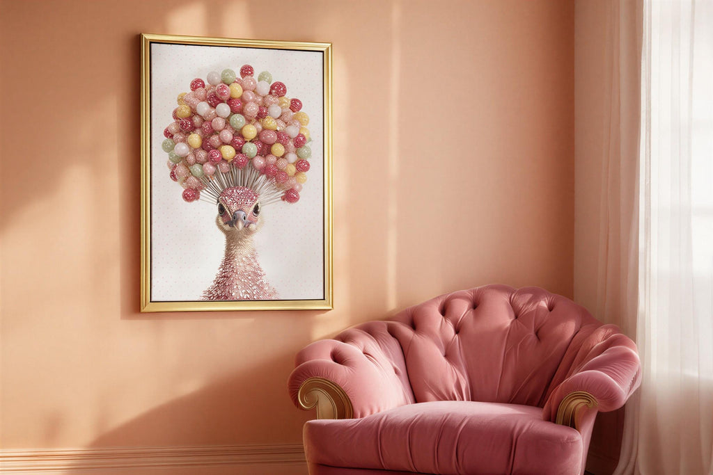Preppy Peacock Art - Coquette Poster Print, Candy Lollipop Bird Wall Decor, Pink Dorm Room Gift, Physical Print Teenage Girl Bedroom Art