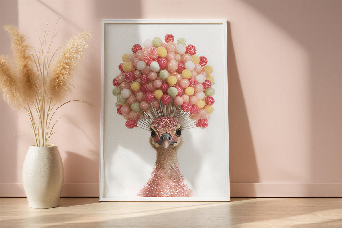 Preppy Peacock Art - Coquette Poster Print, Candy Lollipop Bird Wall Decor, Pink Dorm Room Gift, Physical Print Teenage Girl Bedroom Art