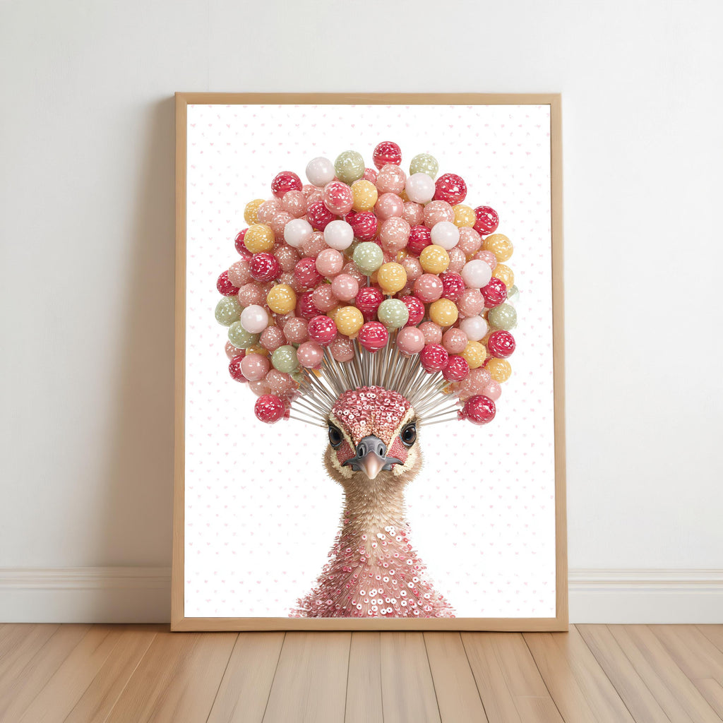 Preppy Peacock Art - Coquette Poster Print, Candy Lollipop Bird Wall Decor, Pink Dorm Room Gift, Physical Print Teenage Girl Bedroom Art