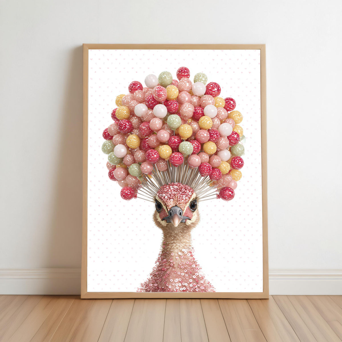 Preppy Peacock Art - Coquette Poster Print, Candy Lollipop Bird Wall Decor, Pink Dorm Room Gift, Physical Print Teenage Girl Bedroom Art