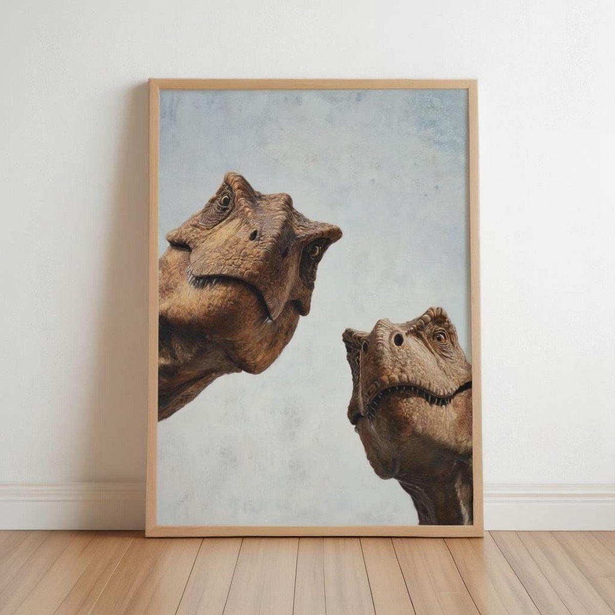 two large brown dinosaurs with their heads tilted upwards, creating a striking and captivating visual.