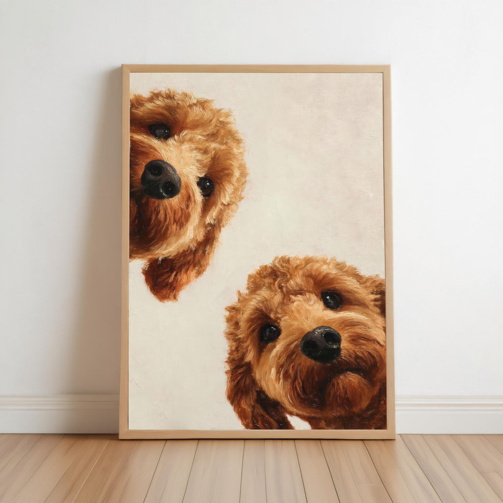 two brown dogs peeking out from behind a wooden frame.