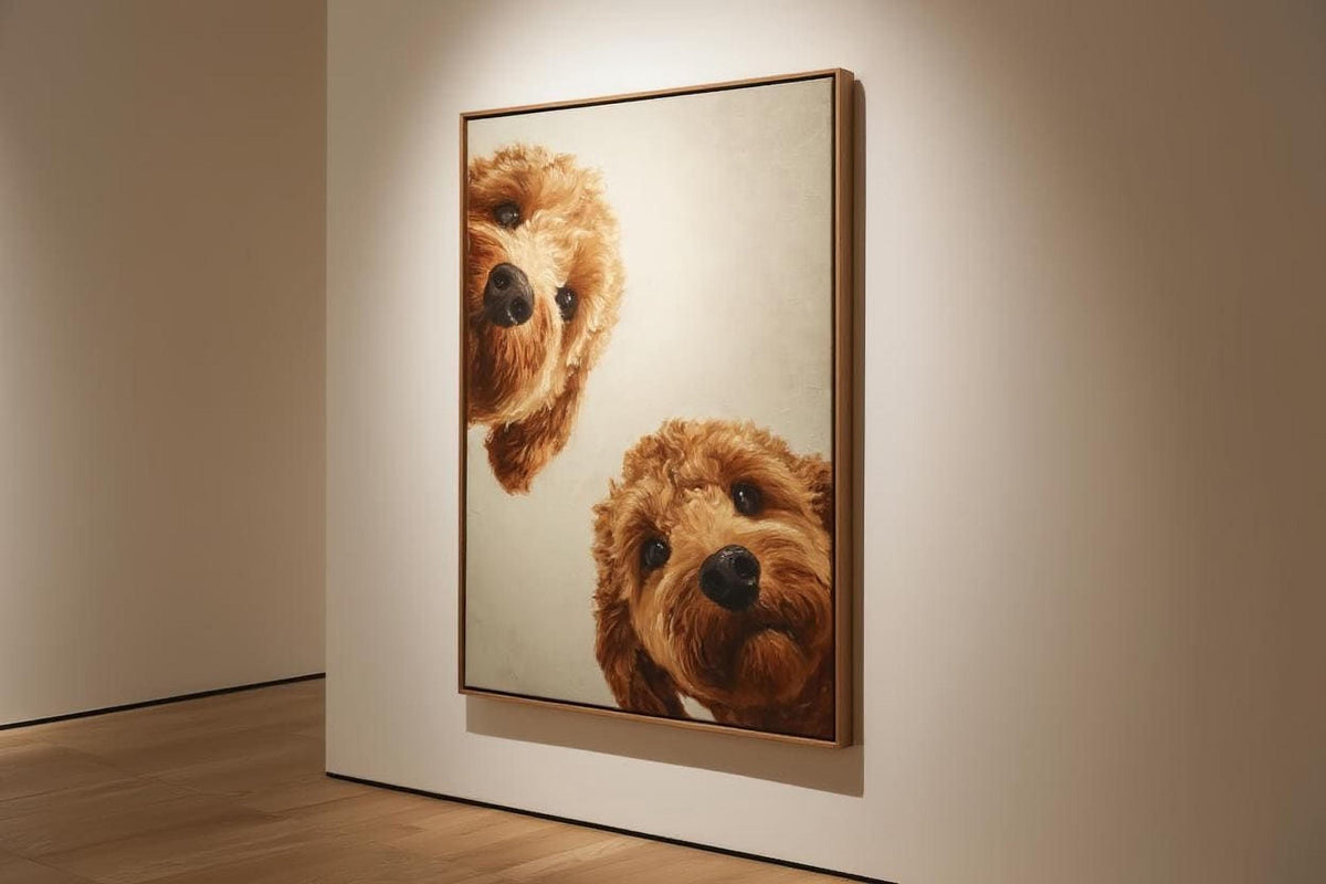 two brown dogs with curly fur, both looking directly at the camera.