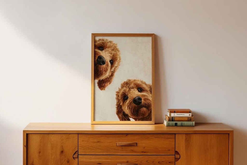 A wooden dresser with a framed picture of two brown dogs peeking out from behind it, along with a stack of books on top.