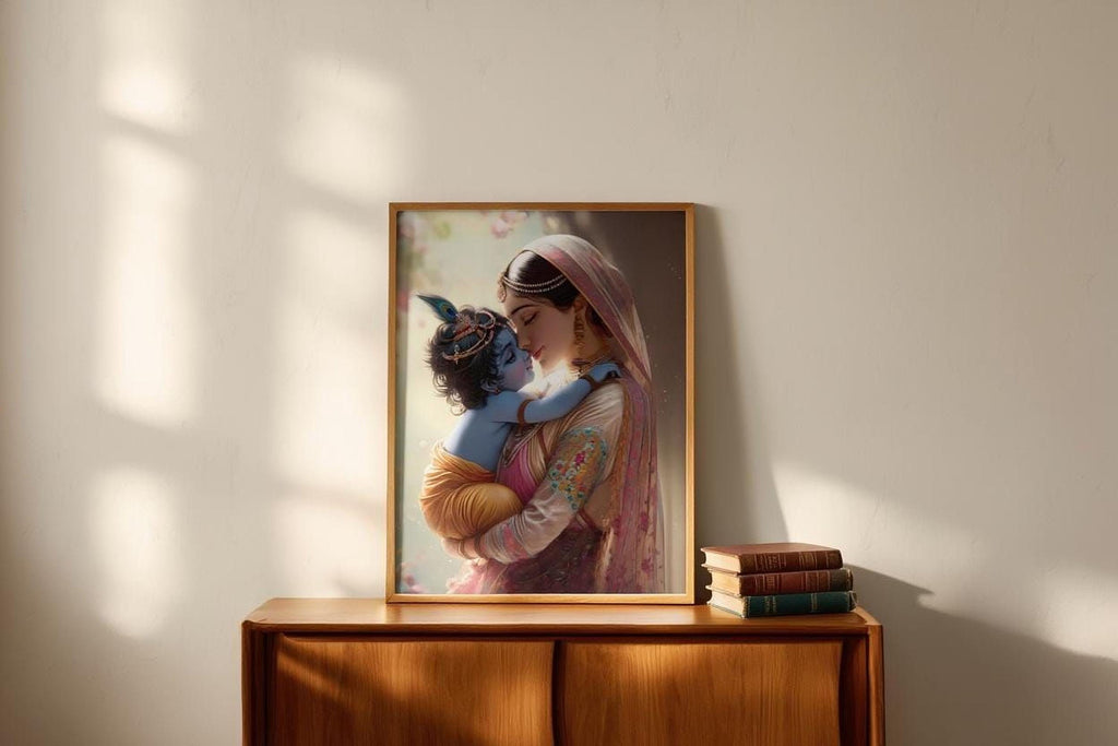 A framed painting of a woman embracing a child is displayed on a wooden cabinet against a white wall.