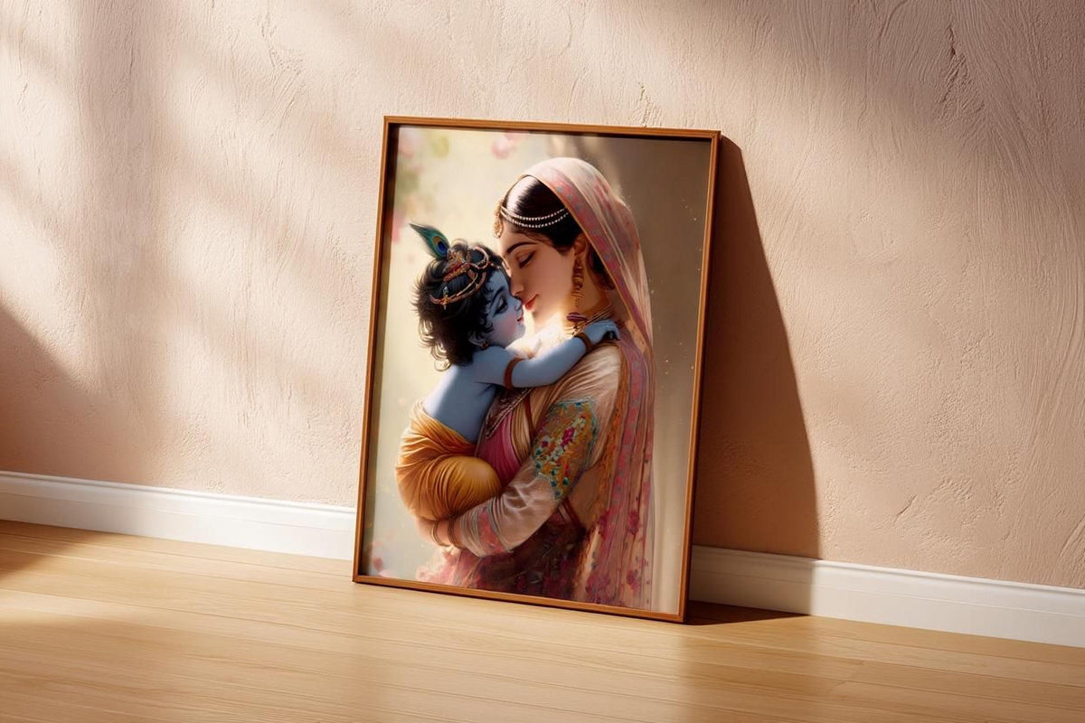 The image is a framed painting depicting a woman embracing a child, possibly a baby, with a serene expression.