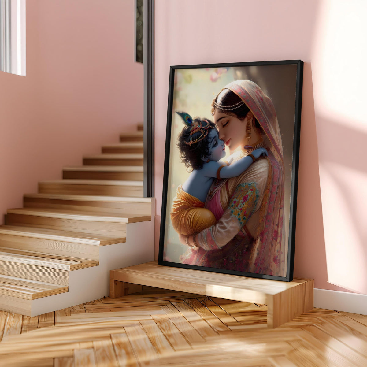 a framed painting of a woman holding a child, with a wooden staircase in the background.