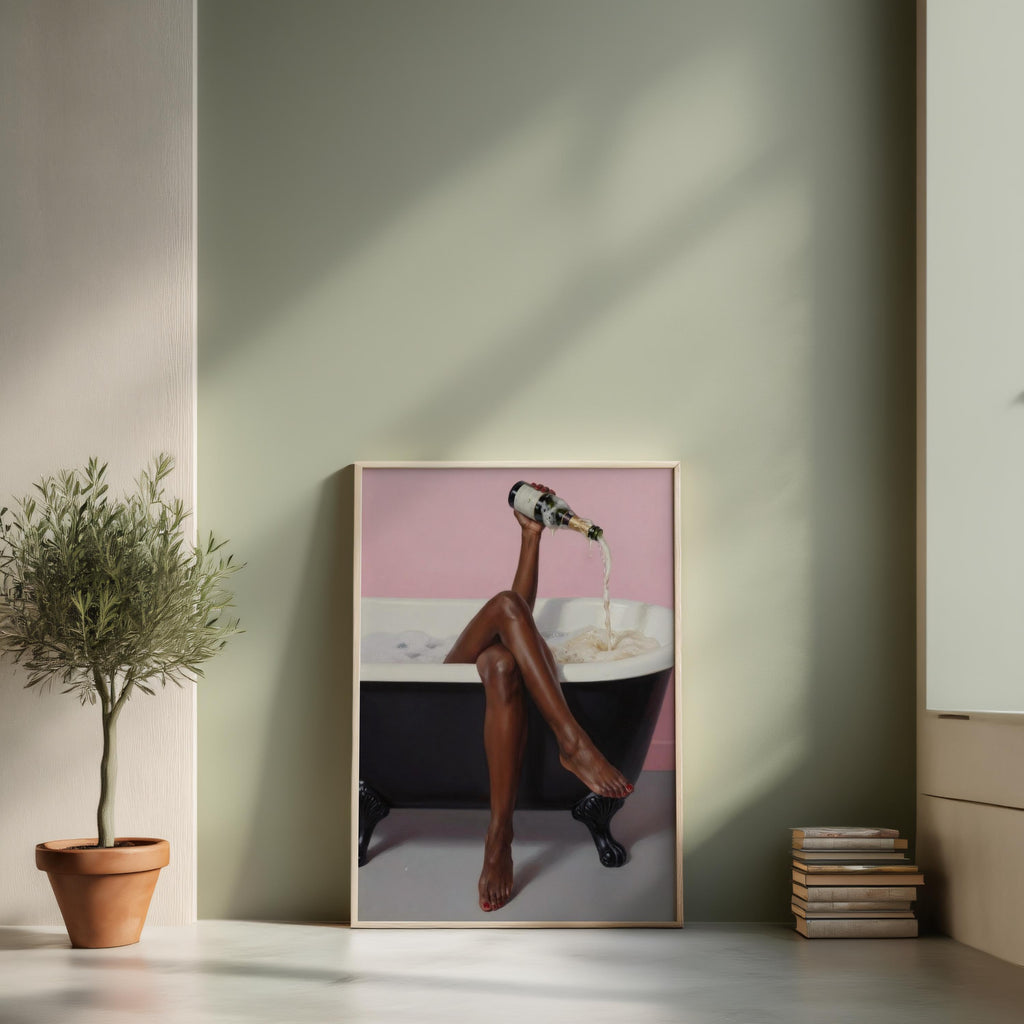 Print leaning against a sage green wall beside a potted plant, modern spa bathroom decor, black woman bathroom wall art