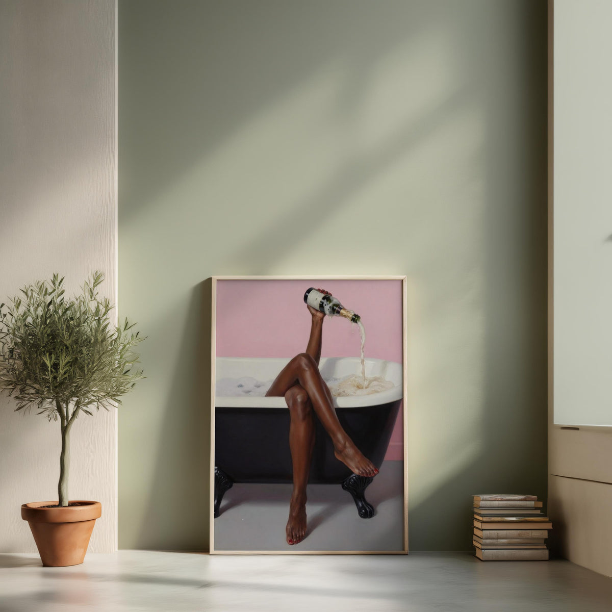 Print leaning against a sage green wall beside a potted plant, modern spa bathroom decor, black woman bathroom wall art