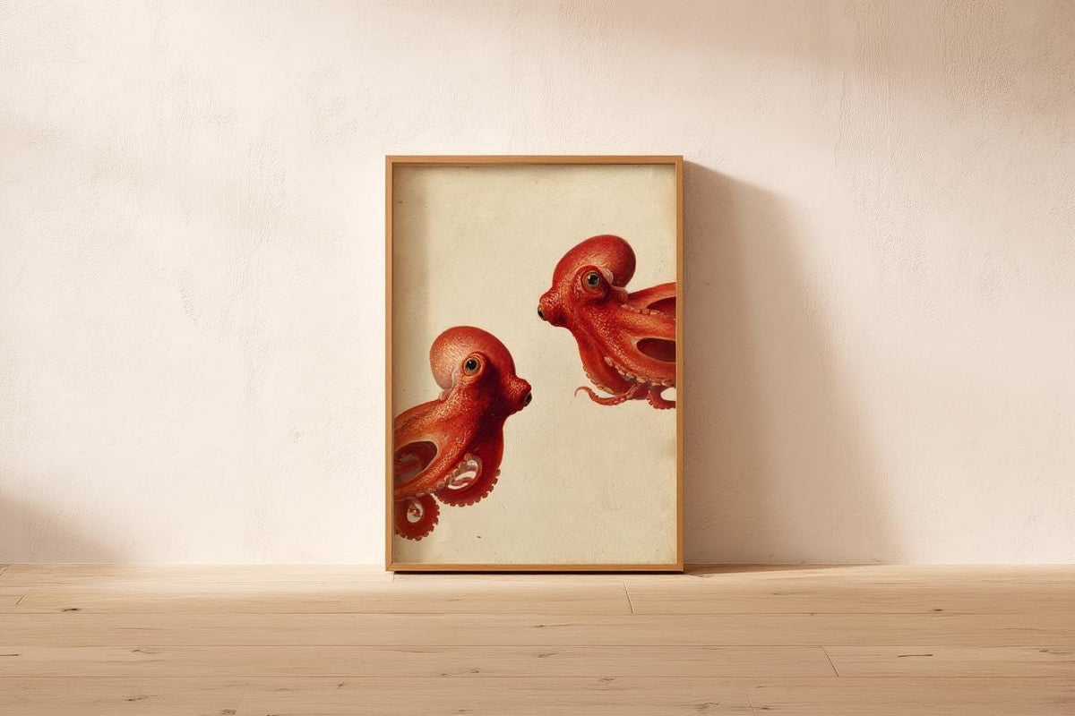 Red Octopus Wall Art, Vintage Marine Life Print, Whimsical Coastal Painting, Nautical Animal Nursery Decor, Peeking Sea Kraken Illustration