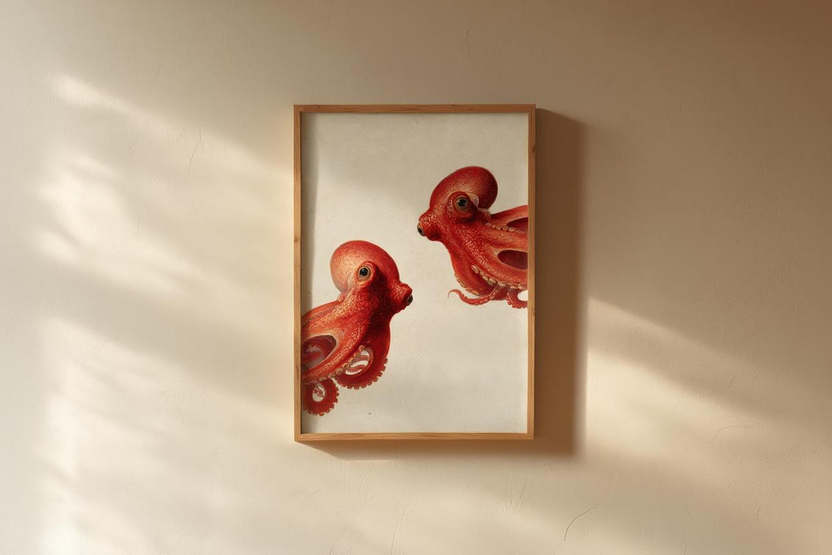 Red Octopus Wall Art, Vintage Marine Life Print, Whimsical Coastal Painting, Nautical Animal Nursery Decor, Peeking Sea Kraken Illustration