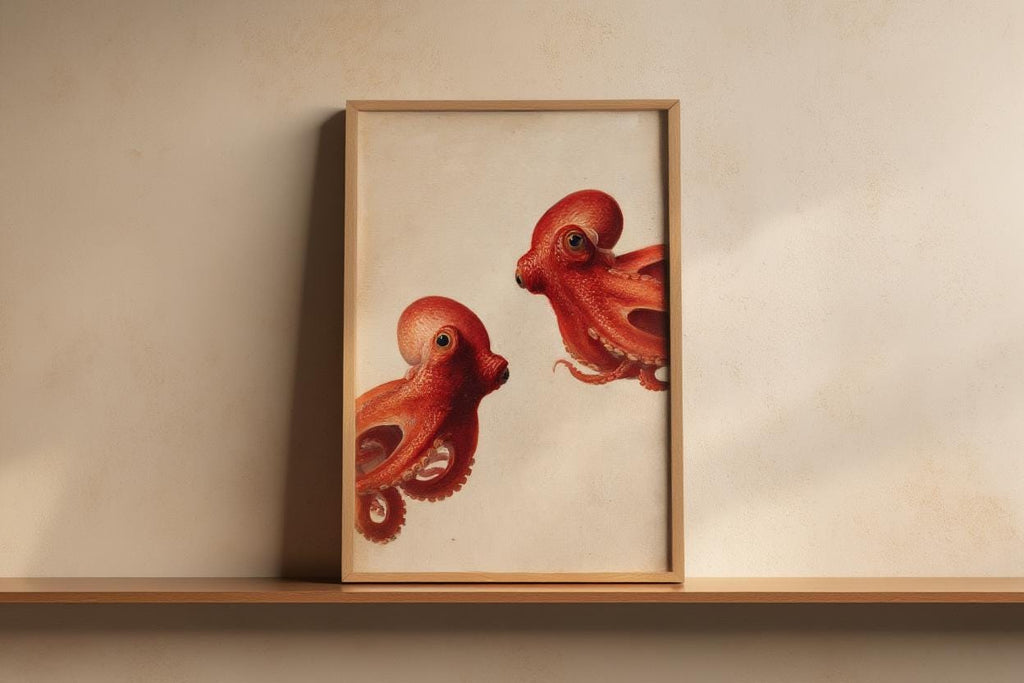 Red Octopus Wall Art, Vintage Marine Life Print, Whimsical Coastal Painting, Nautical Animal Nursery Decor, Peeking Sea Kraken Illustration