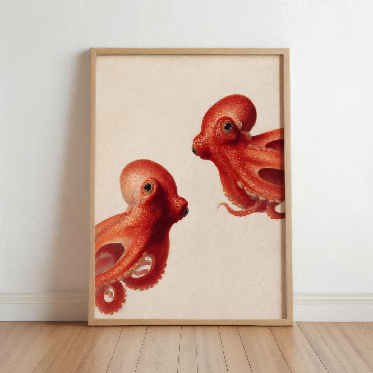 Red Octopus Wall Art, Vintage Marine Life Print, Whimsical Coastal Painting, Nautical Animal Nursery Decor, Peeking Sea Kraken Illustration