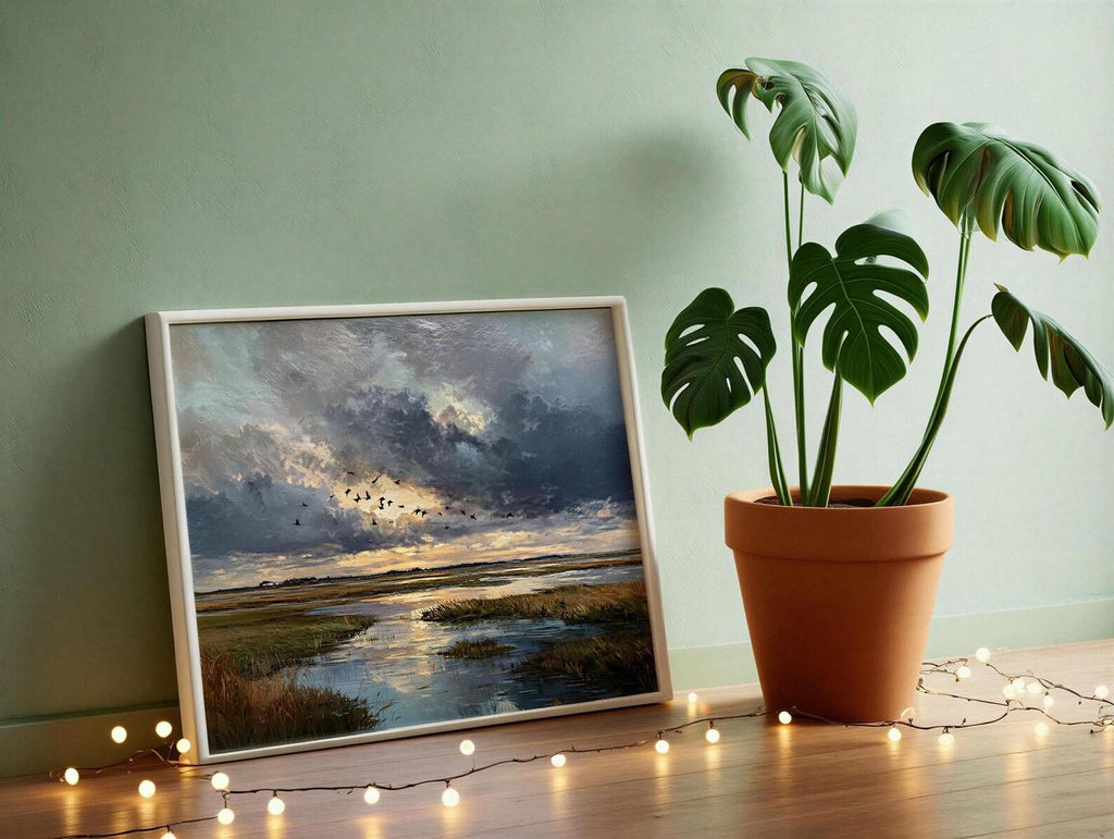 a framed painting of a serene landscape with a river and a cloudy sky, placed on a wooden floor next to a potted plant with large leaves. The potted plant is positioned on the right side of the frame, and the string of lights in front of the painting adds a warm and cozy ambiance to the scene.