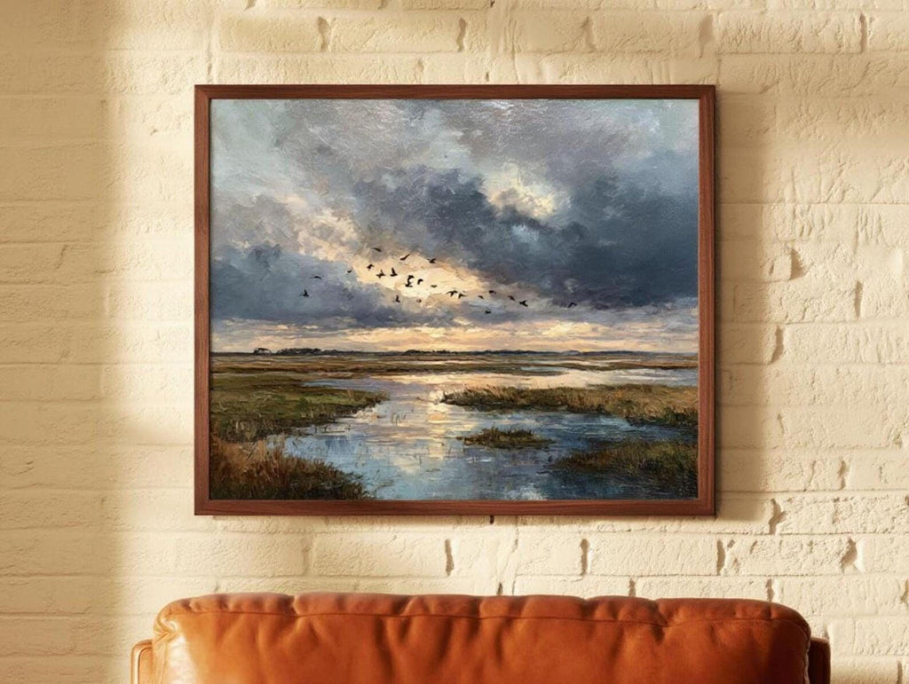 a painting of a serene landscape with a river, grassy banks, and a flock of birds flying in the sky.