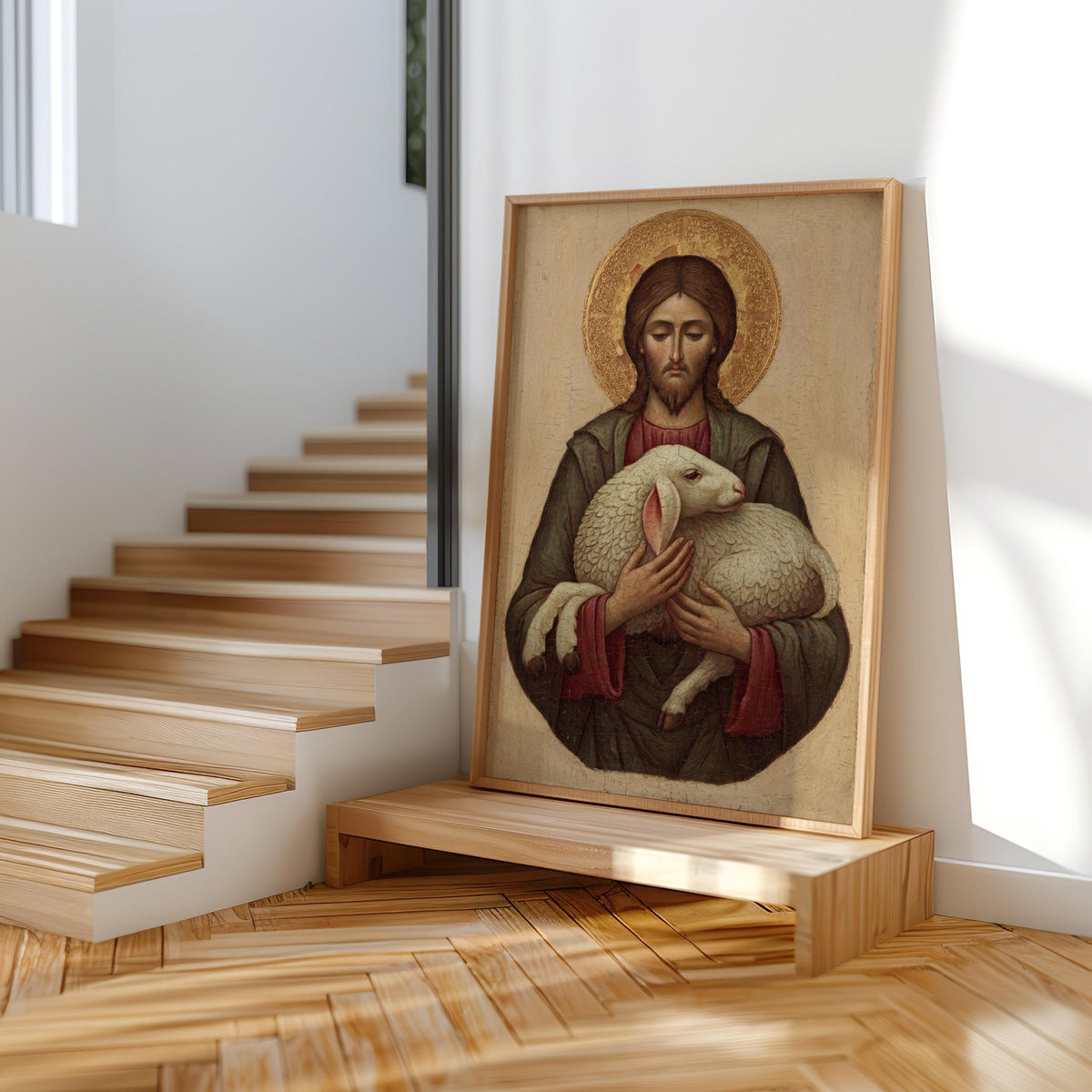 a religious icon of Jesus Christ holding a lamb, displayed on a wooden stand in a room with a staircase.