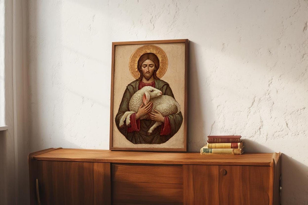 A framed painting of Jesus Christ, the central figure, is displayed on a wooden cabinet or shelf.