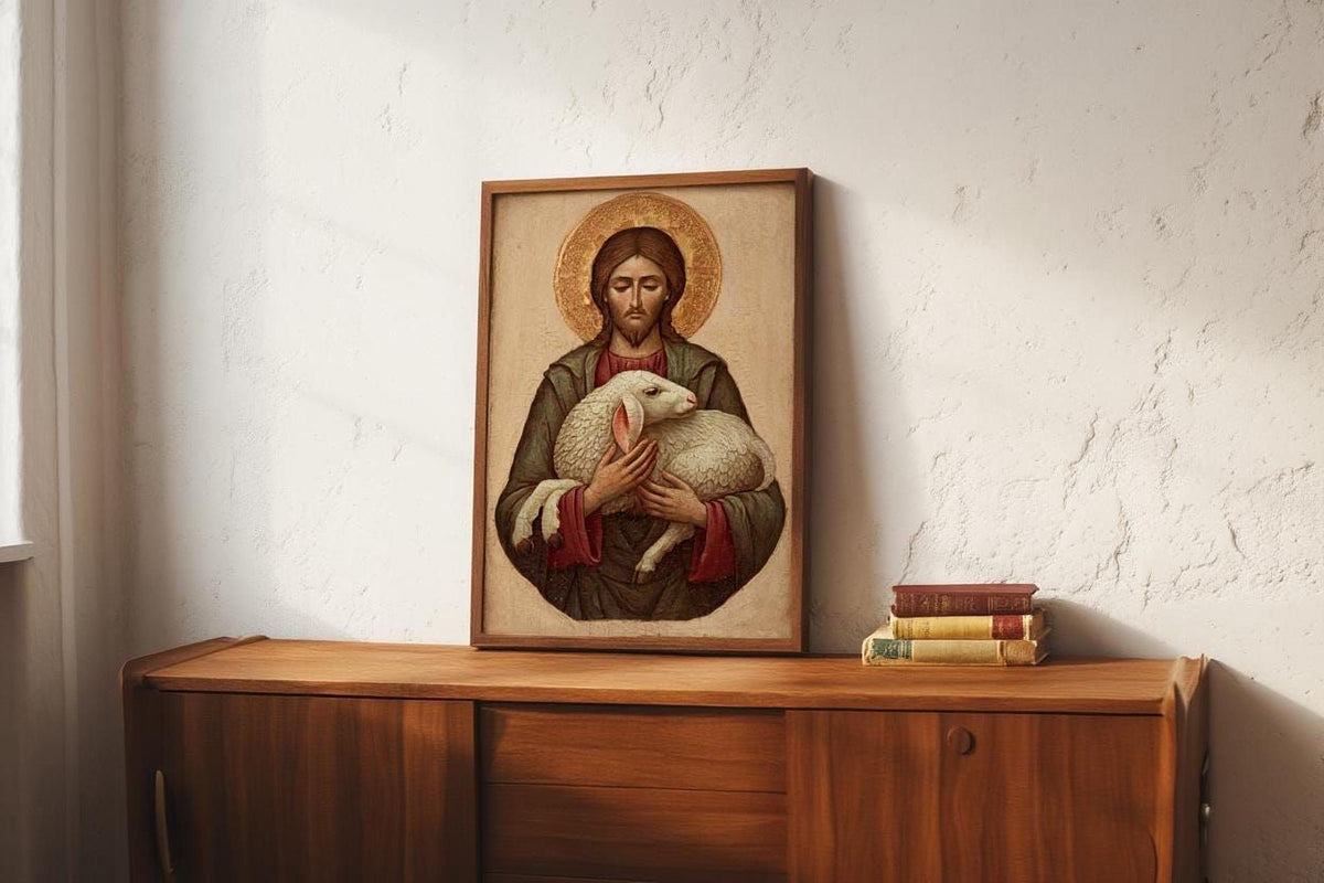 A framed painting of Jesus Christ, the central figure, is displayed on a wooden cabinet or shelf.