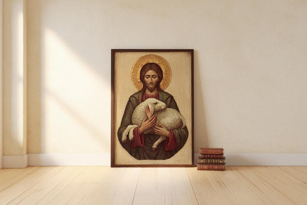 A framed painting of Jesus Christ, the central figure, is displayed on a wall in a room with a wooden floor.