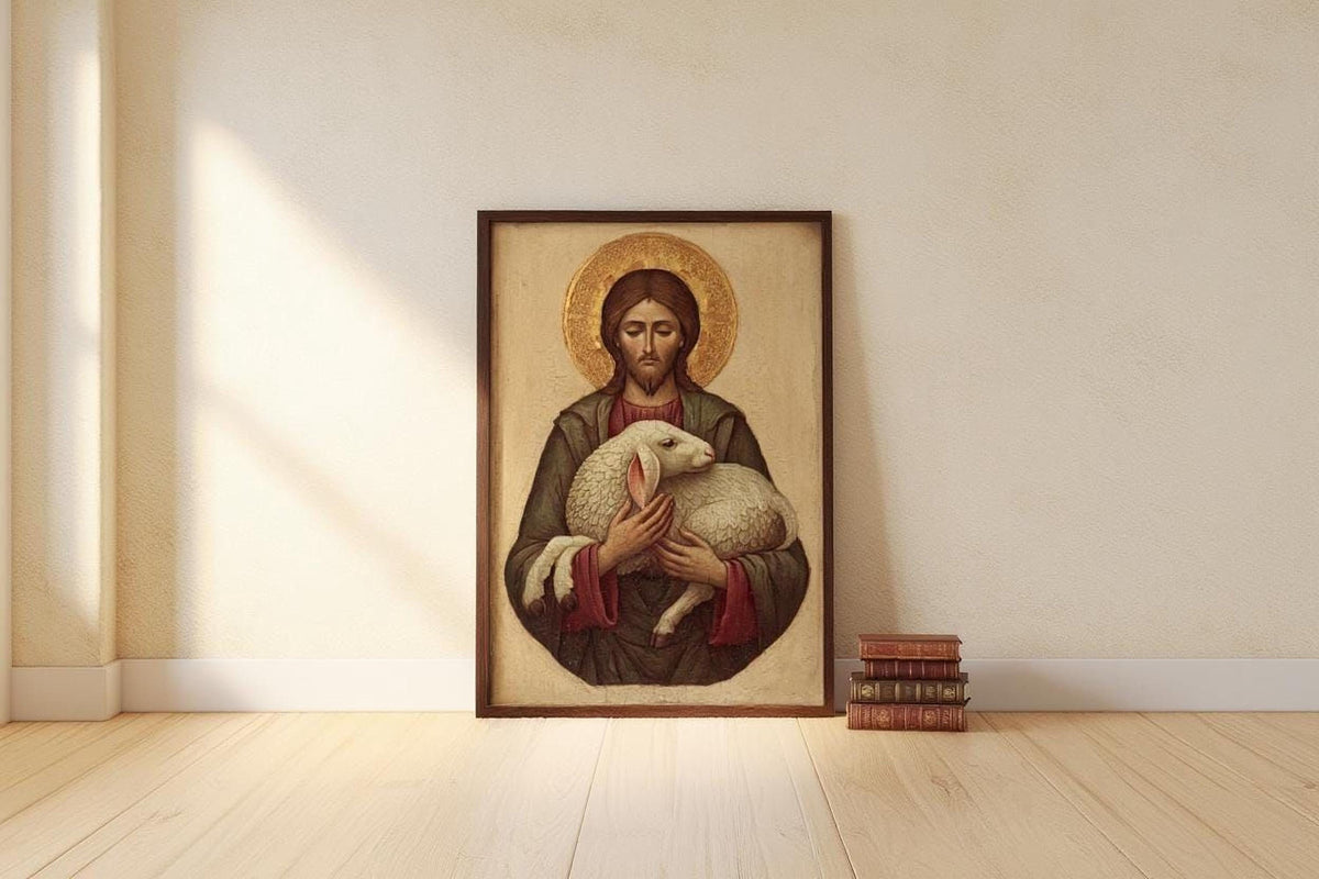 A framed painting of Jesus Christ, the central figure, is displayed on a wall in a room with a wooden floor.