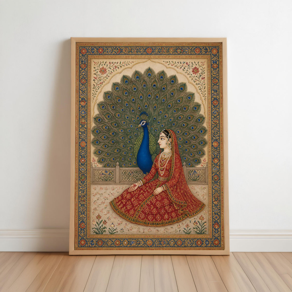 Vintage Mughal Print, South Asian Wall Decor, Floral Indian Princess Painting, Peacock Bird Ethnic Folk Art Gift, Exotic Miniature Poster