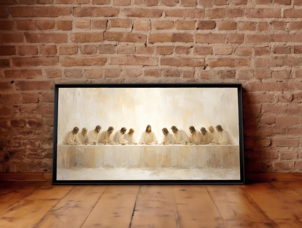 The image is a framed painting depicting a religious scene, likely the Last Supper, with Jesus Christ and his twelve apostles gathered around a table.