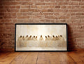 The image is a framed painting depicting a religious scene, likely the Last Supper, with Jesus Christ and his twelve apostles gathered around a table.