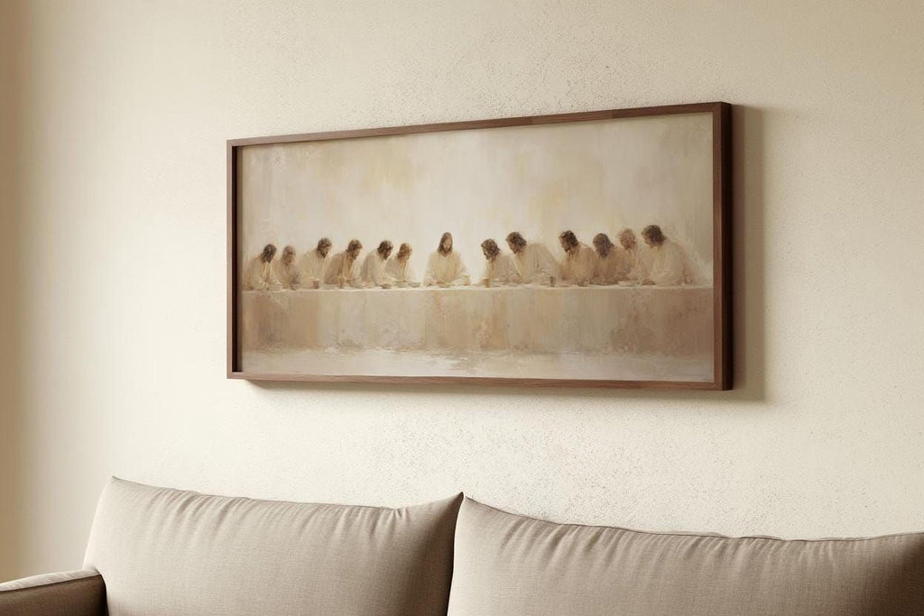 a large painting of a group of people sitting at a table, with a long table in the center. The painting is hanging on a wall above a couch.