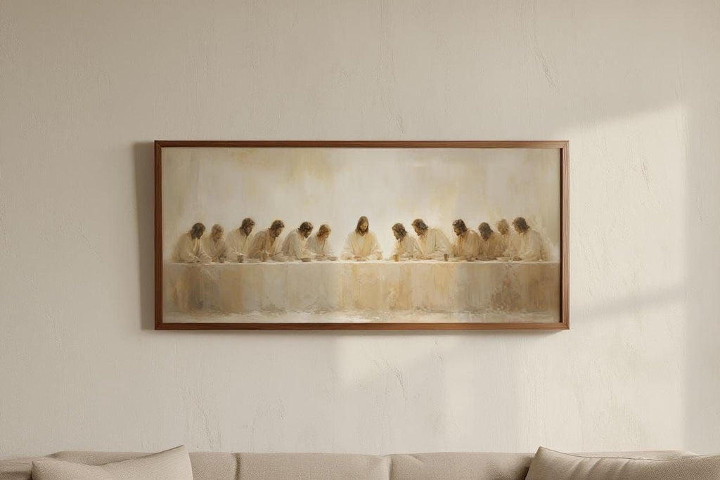 The image is a framed painting depicting a group of people sitting at a table, with a long table in the center.