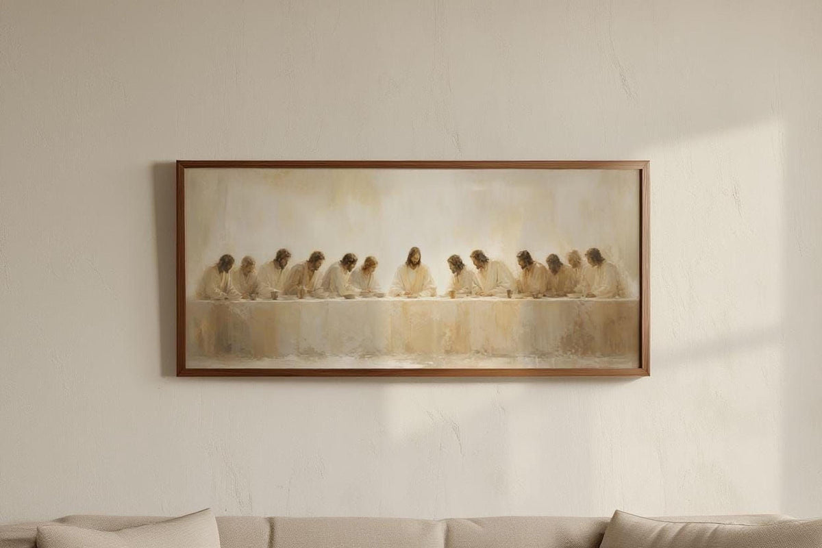The image is a framed painting depicting a group of people sitting at a table, with a long table in the center.