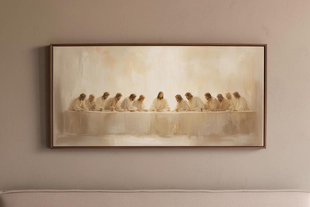 The image is a framed painting depicting a religious scene with a group of people, likely Jesus, gathered around a table.