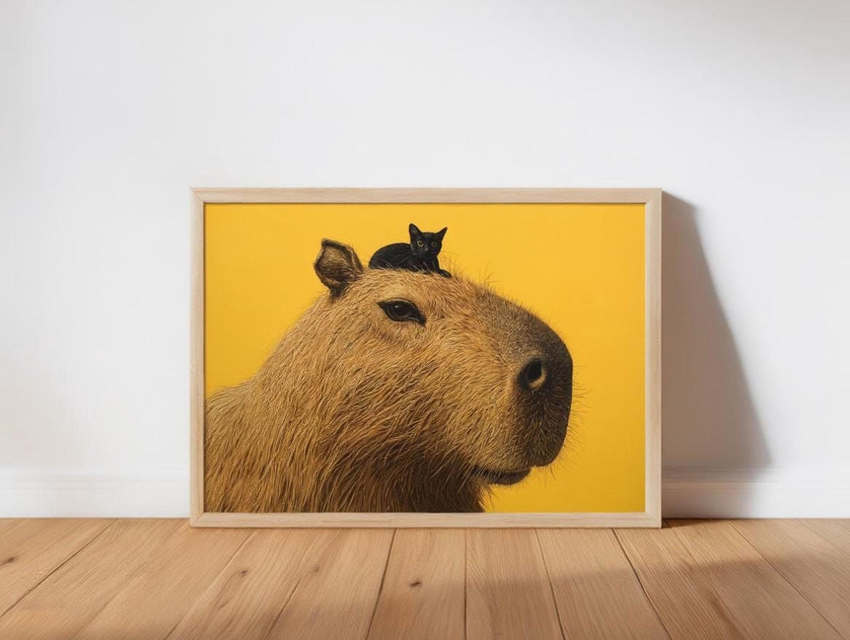 A framed print of a close-up of a capybara's head against a bright yellow background.