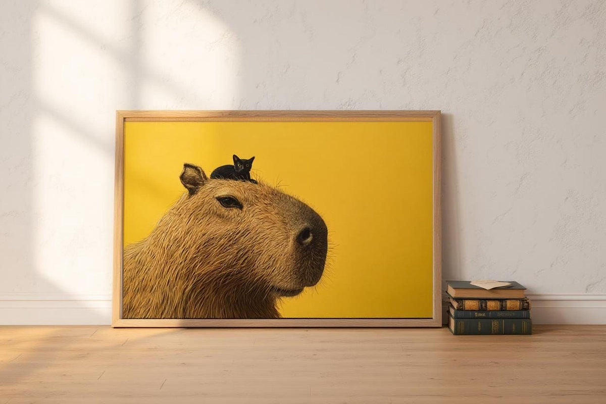 A framed painting of a capybara, a large rodent-like creature, with a small black cat perched on its head, is displayed on a wall next to a stack of books.