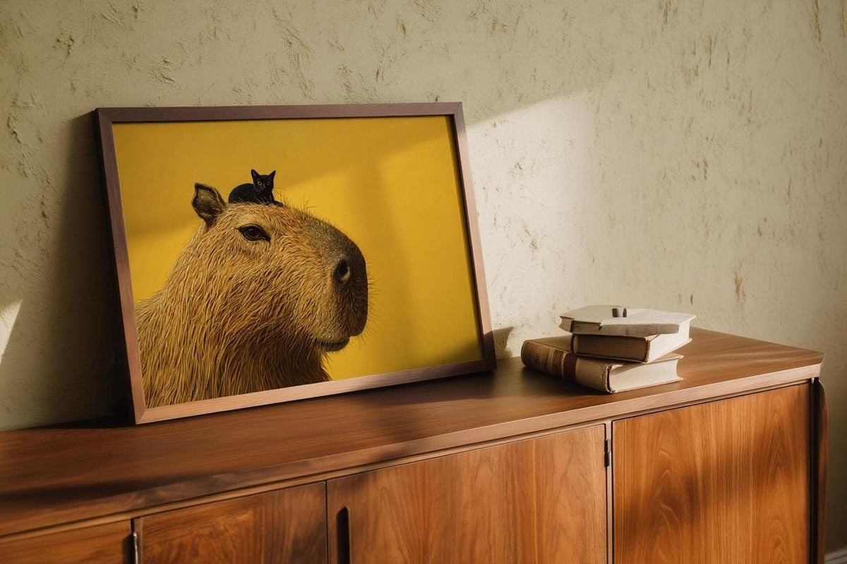 A framed image of a capybara, a large rodent-like creature, with a small black cat perched on its head, is displayed on a wooden cabinet.