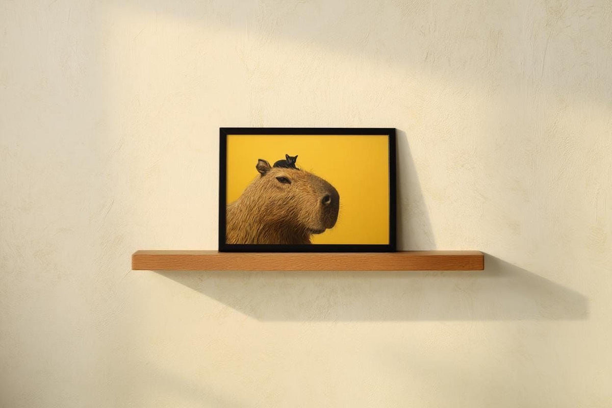 A framed photograph of a capybara, a large rodent species, is displayed on a wooden shelf against a white wall.