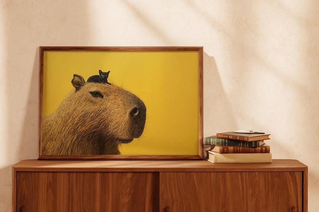 A framed image of a capybara with a black cat perched on its head, set against a yellow background, is displayed on a wooden cabinet.
