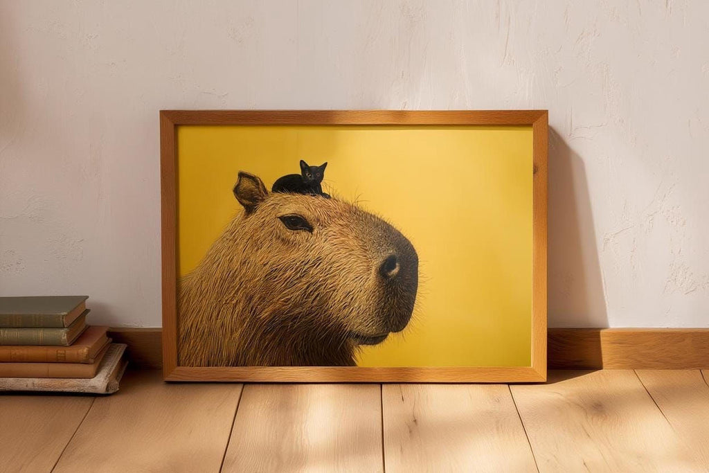 A framed image of a capybara, a large rodent-like creature, with a small black cat perched on its head, is displayed on a wooden floor against a white wall.