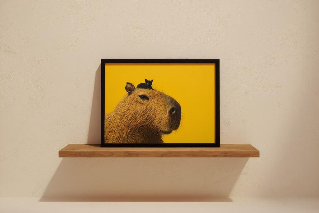 A framed painting of a capybara, a large rodent-like animal, is displayed on a wooden shelf against a white wall.